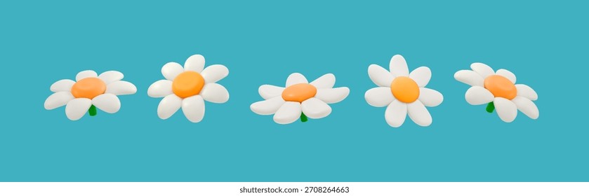 Cinco divertidas margaritas en estilo 3D con pétalos blancos y centros amarillos. Crean un ambiente alegre sobre un fondo azul vibrante, que se asemeja a la estética de dibujos animados.