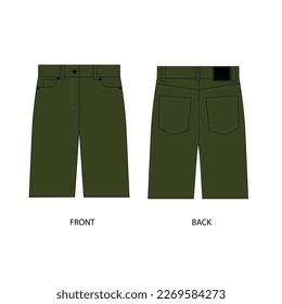 Cinco cortos de vectores de bolsillo de dibujo técnico vectorial, vista frontal y posterior. Plantilla de vector de contorno de cortos de denim en estilo militar. Esbozo de pantalones cortos sueltos de rodilla de caqui.