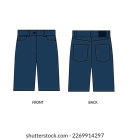 Cinco cortos de vectores de bolsillo de dibujo técnico vectorial, vista frontal y posterior. Plantilla de vector de contorno de cortos de denim en estilo casual. Esbozo de pantalones cortos sueltos de rodilla en azul.