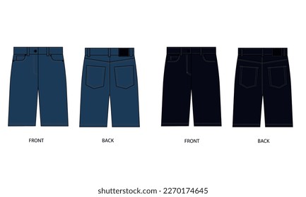 Five pocket denim shorts technical drawing set, front and back view. Outline vector template of denim shorts in casual style. Sketch of knee-length loose shorts in blue and black.