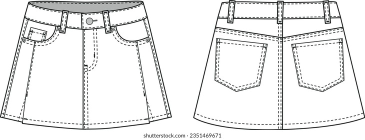 ilustración vectorial de falda denim de cinco minifaldas de bolsillo