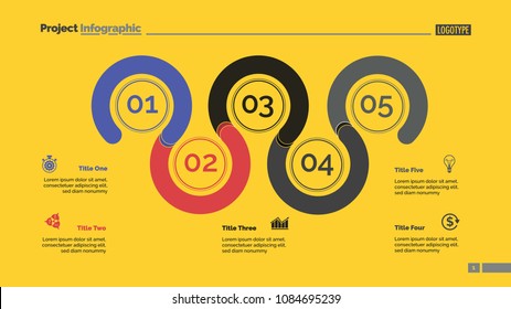 Five point process chart slide template. Business data. Plan, stage, design. Creative concept for infographic, presentation, report. For topics like management, economics, training.