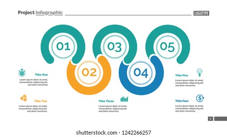 Five point process chart slide template. Business data. Plan, stage, design. Creative concept for infographic, presentation, report. For topics like management, economics, training.