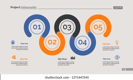 Five point process chart slide template. Business data. Plan, stage, design. Creative concept for infographic, presentation, report. For topics like management, economics, training.