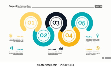 Five point process chart slide template. Business data. Plan, stage, design. Creative concept for infographic, presentation, report. For topics like management, economics, training.