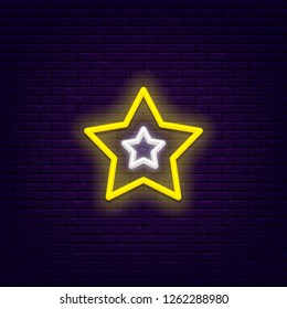 Five point star.  Light, bright neon banner at brick wall. Vector, isolated, eps 10.