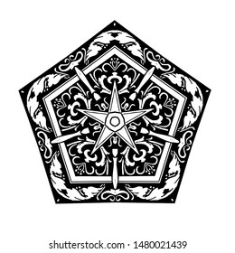 Five Pointed Star with Curly Grass Ornate, vector illustration