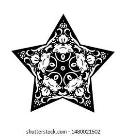 Five Pointed Star with Curly Grass Ornate, vector illustration