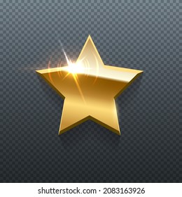 Five pointed star with golden frame and bright glitter light effect vector illustration. Gold metal award badge with shiny sparkle, luxury stamp isolated on dark gradient transparent background
