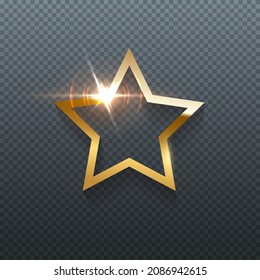 Five pointed star with golden frame and bright glitter light effect vector illustration. Gold metal award badge with shiny sparkle, luxury stamp isolated on dark gradient transparent background