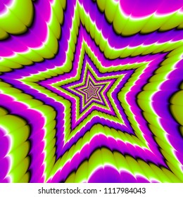 Five pointed star from green and purple spirals. Motion illusion.