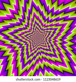 Five pointed star from green and purple spirals. Optical expansion illusion.