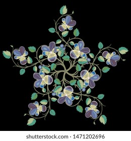 Five pointed star made of pansy flower branches. Ornate floral decor. Isolated vector illustration. On black background.