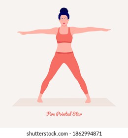 Five Pointed Star Pose - Utthita Tadasana. Young woman practicing Yoga pose. Woman workout fitness, aerobic and exercises. Vector Illustration.