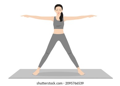 Fünf Sterne Pose, Star Pose, Utthita Hasta Padasana. Schönes Mädchen üben Utthita Tadasana. Junge attraktive Frau, die Yoga trainiert. trainieren, schwarz tragen Sportbekleidung