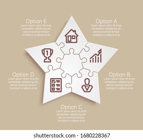 Five pointed star puzzle presentation. Vector infographic template with explanatory text field for business statistics