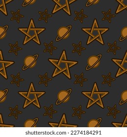 Five pointed star and Saturn seamless pattern, Background repeating