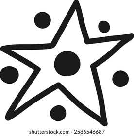 Five pointed star with a thick black outline is surrounded by five solid black dots, creating a simple yet captivating design against a white background