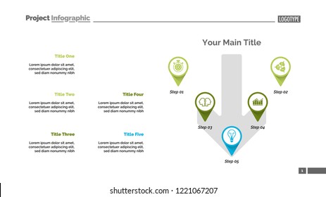 Five pointers process chart slide template. Business data. Workflow, strategy, design. Creative concept for infographic, presentation, report. For topics like marketing, consulting, finance.