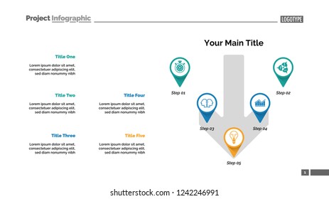 Five pointers process chart slide template. Business data. Workflow, strategy, design. Creative concept for infographic, presentation, report. For topics like marketing, consulting, finance.