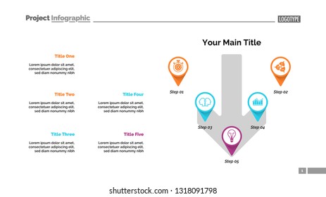 Five pointers process chart slide template. Business data. Workflow, strategy, design. Creative concept for infographic, presentation, report. For topics like marketing, consulting, finance.