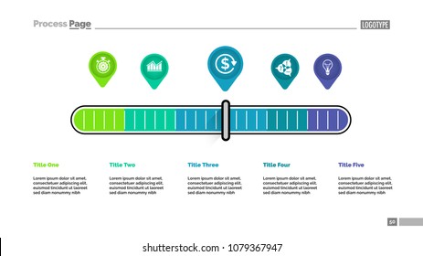 Tabla de procesos de metáforas de escala de cinco punteros para la presentación. Ilustración vectorial. Elementos del diagrama, gráfico. Flujo de trabajo, plan, finanzas, negocio o concepto de análisis para infografía, informe.