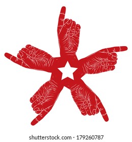 Five pointing hands abstract symbol with pentagonal star, black and white vector special emblem with human hands.