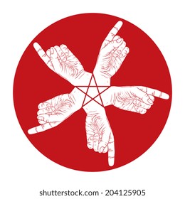 Five pointing hands abstract symbol with pentagonal star, black and white vector special emblem with human hands.