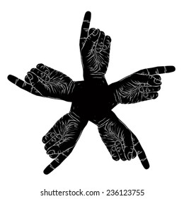 Five pointing hands abstract symbol, black and white vector special emblem with human hands.