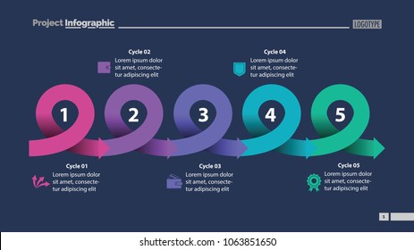 Five points process chart slide template. Business data. Scheme, diagram, design. Creative concept for infographic, presentation, report. Can be used for topics like marketing, economics, production.