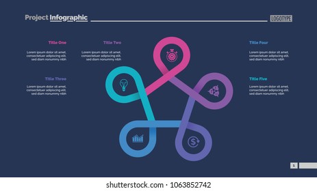 Five points process chart slide template. Business data. Improvement, stage, design. Creative concept for infographic, presentation, report. For topics like management, consulting, training.