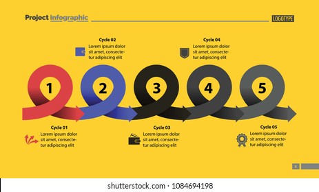 Five points process chart slide template. Business data. Scheme, diagram, design. Creative concept for infographic, presentation, report. Can be used for topics like marketing, economics, production.