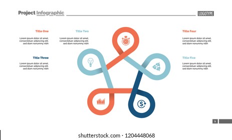 Five points process chart slide template. Business data. Improvement, stage, design. Creative concept for infographic, presentation, report. For topics like management, consulting, training.