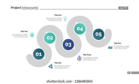Five points process chart slide template. Business data. Step, infochart, design. Creative concept for infographic, presentation, report. Can be used for topics like management, recruitment, research.