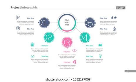 Five points process chart slide template. Business data. Structure, diagram, design. Creative concept for infographic, presentation. Can be used for topics like management, workflow, teamwork.