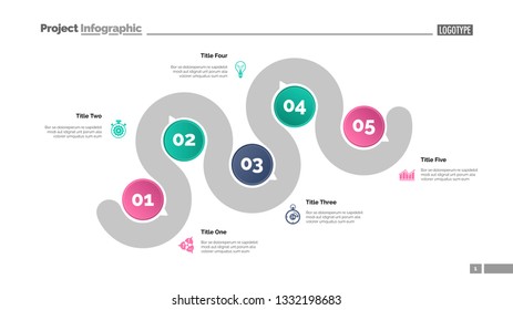 Five points process chart slide template. Business data. Step, infochart, design. Creative concept for infographic, presentation, report. Can be used for topics like management, recruitment, research.