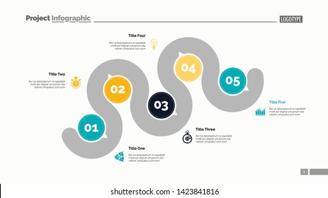 Five points process chart slide template. Business data. Step, infochart, design. Creative concept for infographic, presentation, report. Can be used for topics like management, recruitment, research.