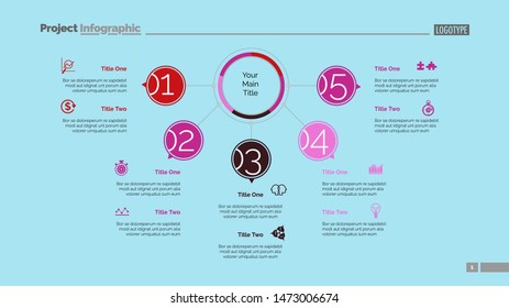 Five points process chart slide template. Business data. Structure, diagram, design. Creative concept for infographic, presentation. Can be used for topics like management, workflow, teamwork.