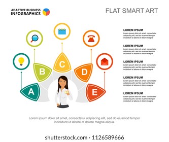 Five points process chart template for presentation. Business data visualization. Plan, strategy, training or marketing creative concept for infographic, report, project layout.