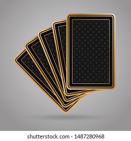 Five Poker Playing Cards On Grey Background. Black And Gold Back Side Design