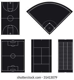 Five popular sport field layouts in black isolated on white background
