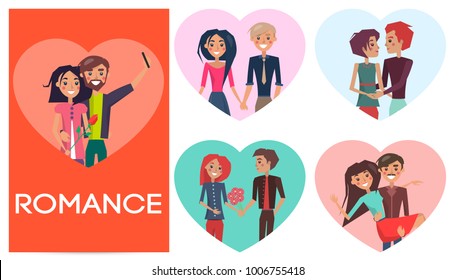 Five portraits of romance pair in shape of heart vector illustration. Different couples in love with flower holding hands, makes selfie.