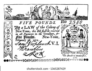 Es la moneda de 5 libras de Nueva York de 1771. Este es el retrato del escudo de armas de la ciudad de Nueva York en la parte superior del billete, dibujo vintage o ilustración grabadora.