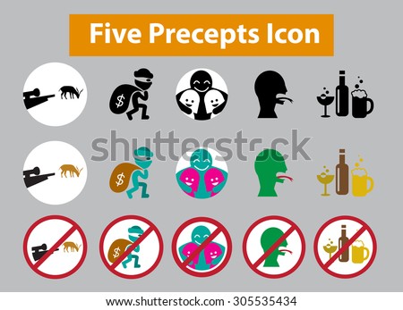 Five Precepts icon with kill, steal, lust ,lie and drink alcohol symbol.