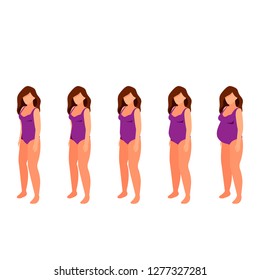 Five pregnancy stages vector illustration. Isometric image of female character in vibrant violet bodysuit. Isolated on white background.