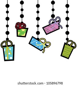 five presents hanging from above background for birthdays and greeting cards