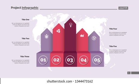 Five process chart slide template. Business data. Infochart, option, design. Creative concept for infographic, presentation, report. Can be used for topics like marketing, logistics, research.