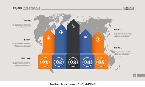 Five process chart slide template. Business data. Infochart, option, design. Creative concept for infographic, presentation, report. Can be used for topics like marketing, logistics, research.