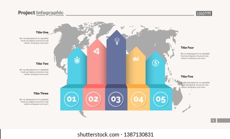 Five process chart slide template. Business data. Infochart, option, design. Creative concept for infographic, presentation, report. Can be used for topics like marketing, logistics, research.