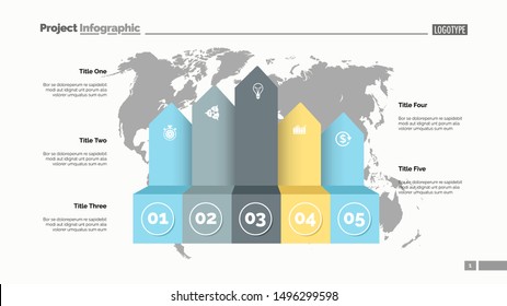 Five process chart slide template. Business data. Infochart, option, design. Creative concept for infographic, presentation, report. Can be used for topics like marketing, logistics, research.